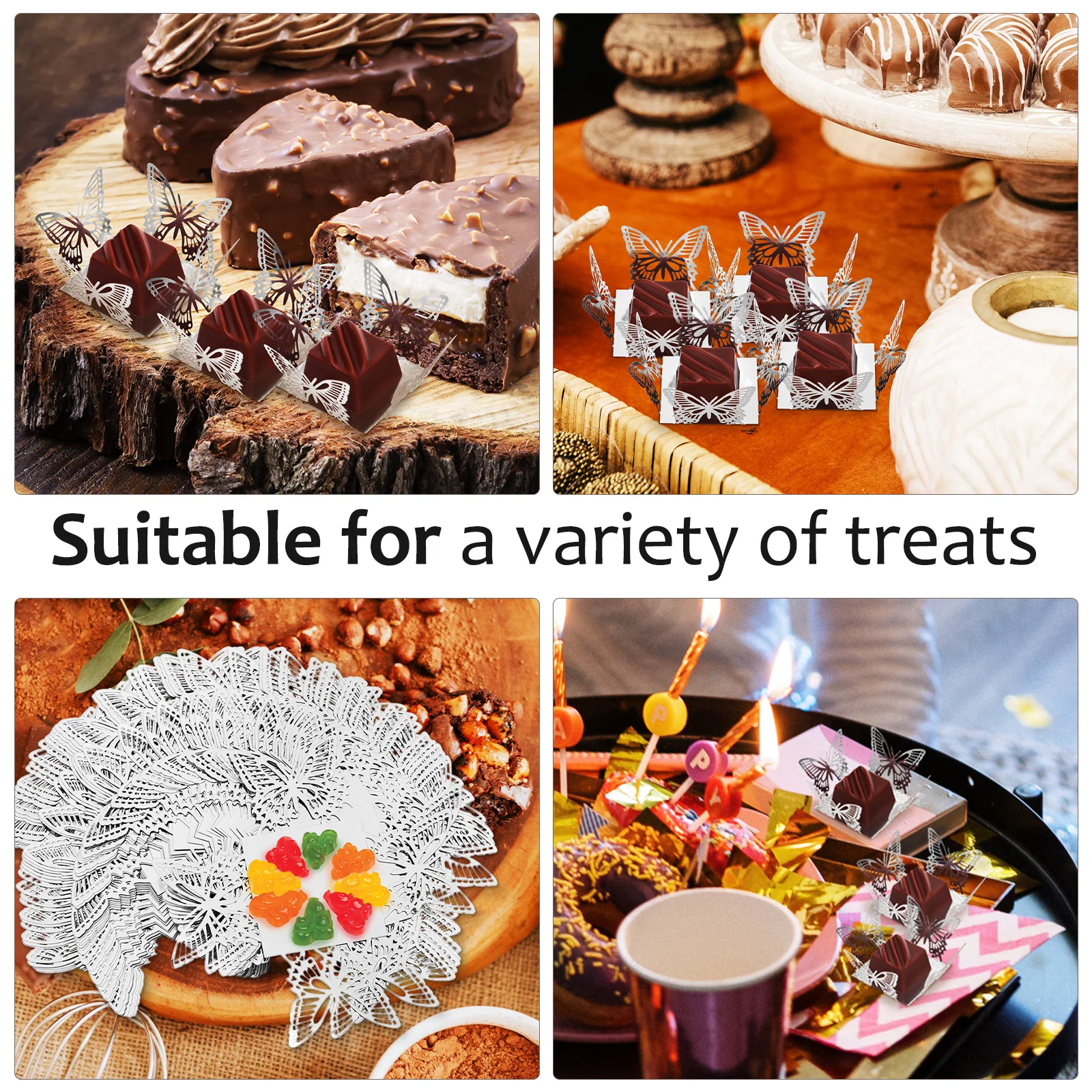 

50 Pcs Cupcake Liners Mini Paper Candy Cups Hollow Out Truffle Chocolate Wrappers Silver Butterfly Shape Party Home Use