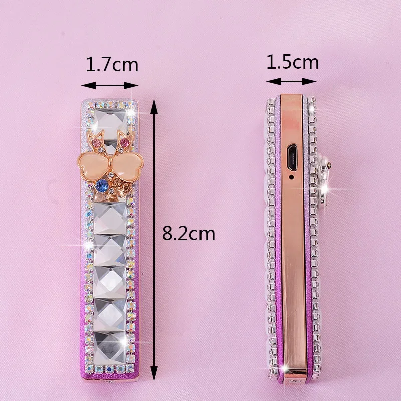 New Diamond USB Women\'s Lighter Metal Windproof Portable Rechargeable Lighter Cigarette Accessories Women\'s Cute Gift