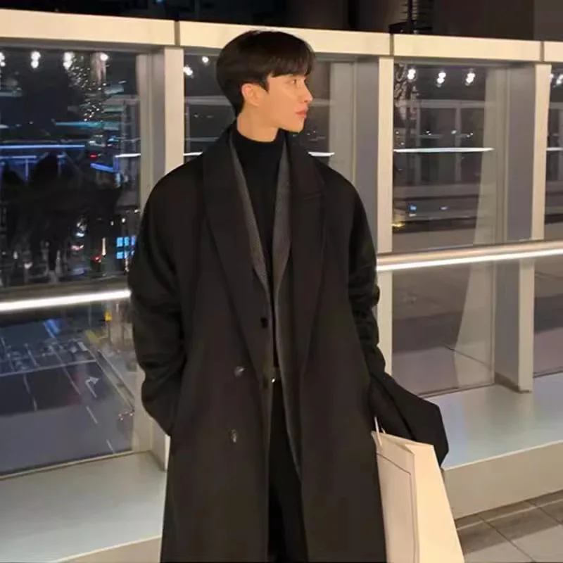 Man Blend Wool Coat 2025 Autumn Winter Men's Korean Style Double Layer Trench Coat Wool Mid Length Over The Knee Windbreaker