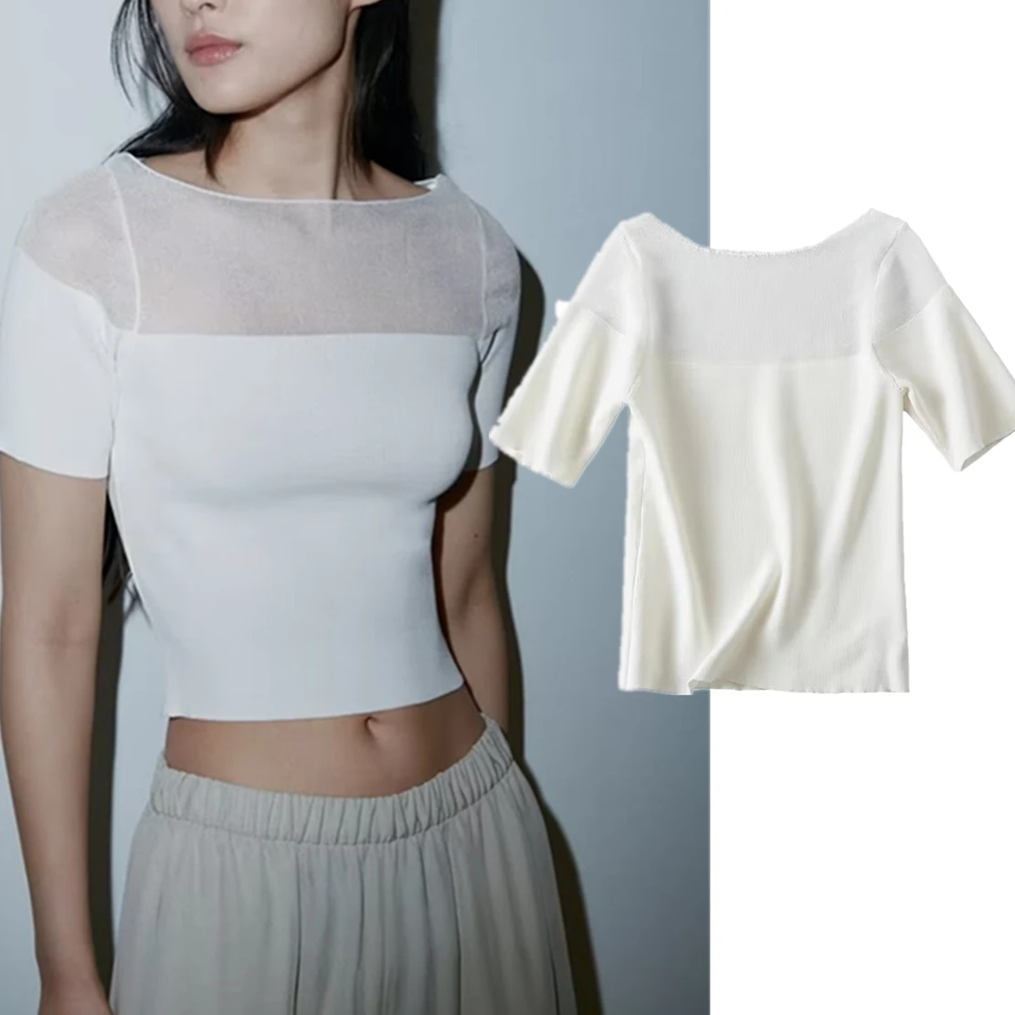 Withered 2024 Summer Tshirts Women Basic Solid Color Knitted Stitching Fashion White T-Shirt Top Ladie