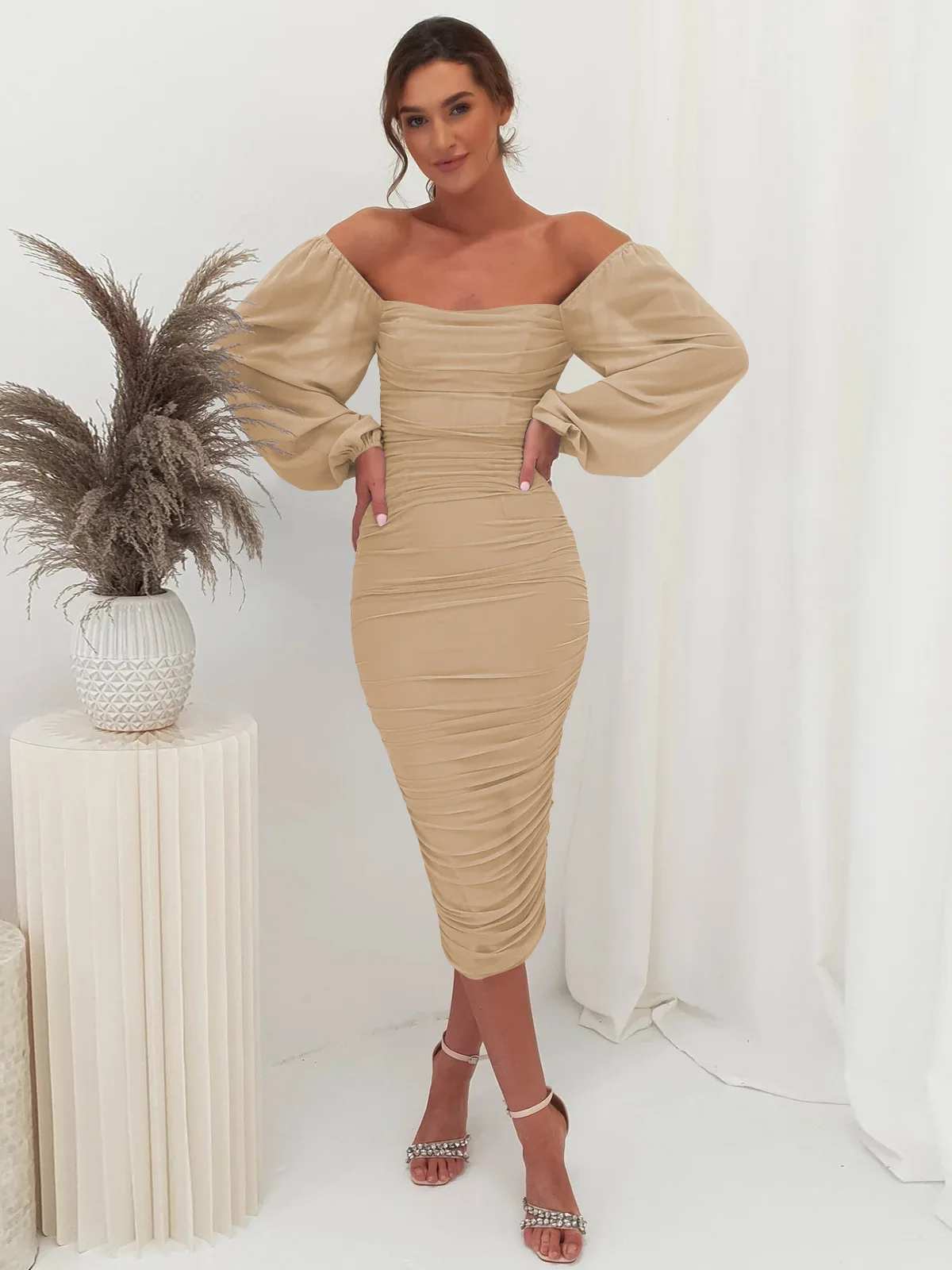 

Women's Sexy Backless Ruched Split Dress Square Neck Puff Long Sleeve Cocktail Party Gowns