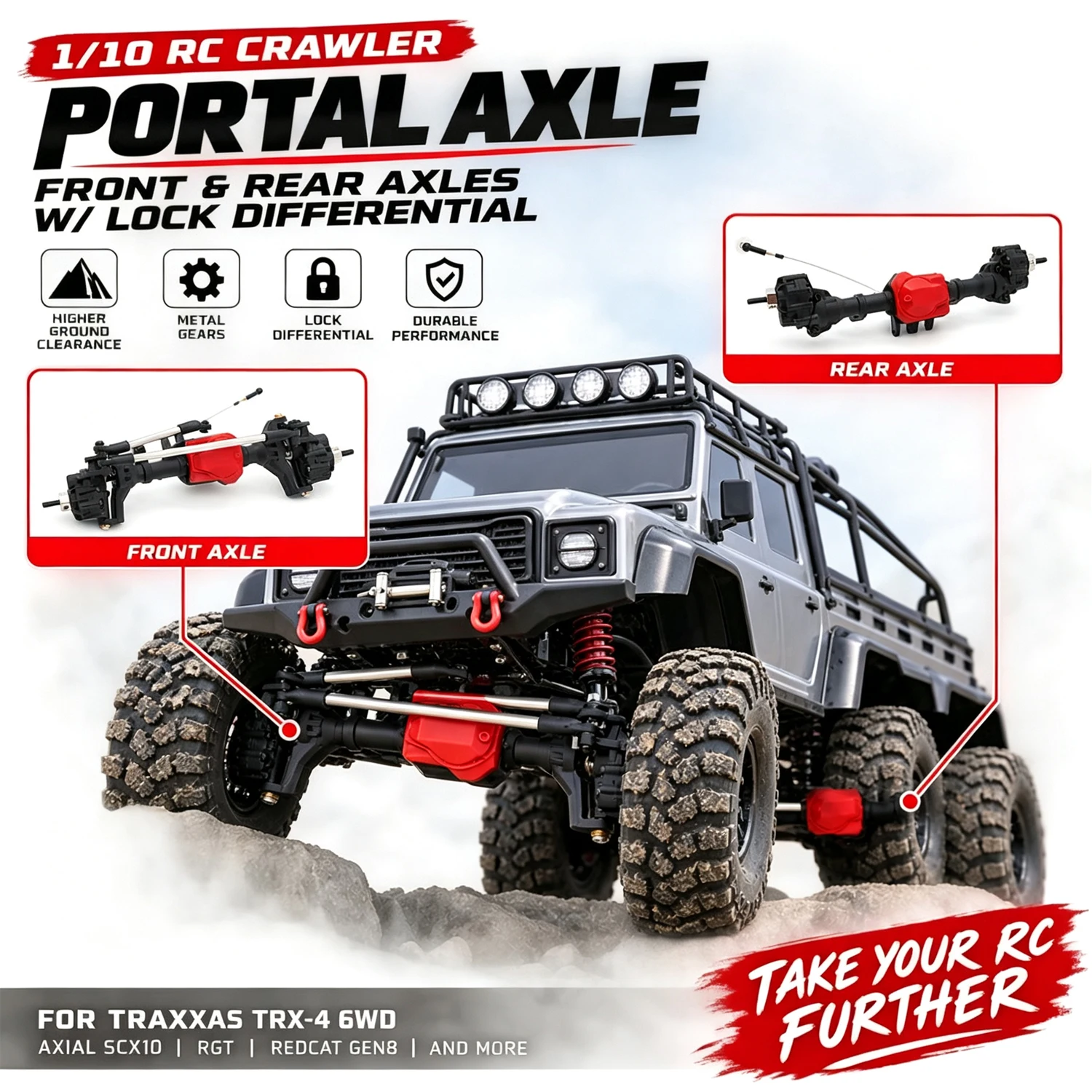 1/10 TRX4 Front Rear Differential Portal Axle 220MM With T-lock Differential for Traxxas TRX6 Axial SCX10 RC Crawler Car Upgrade