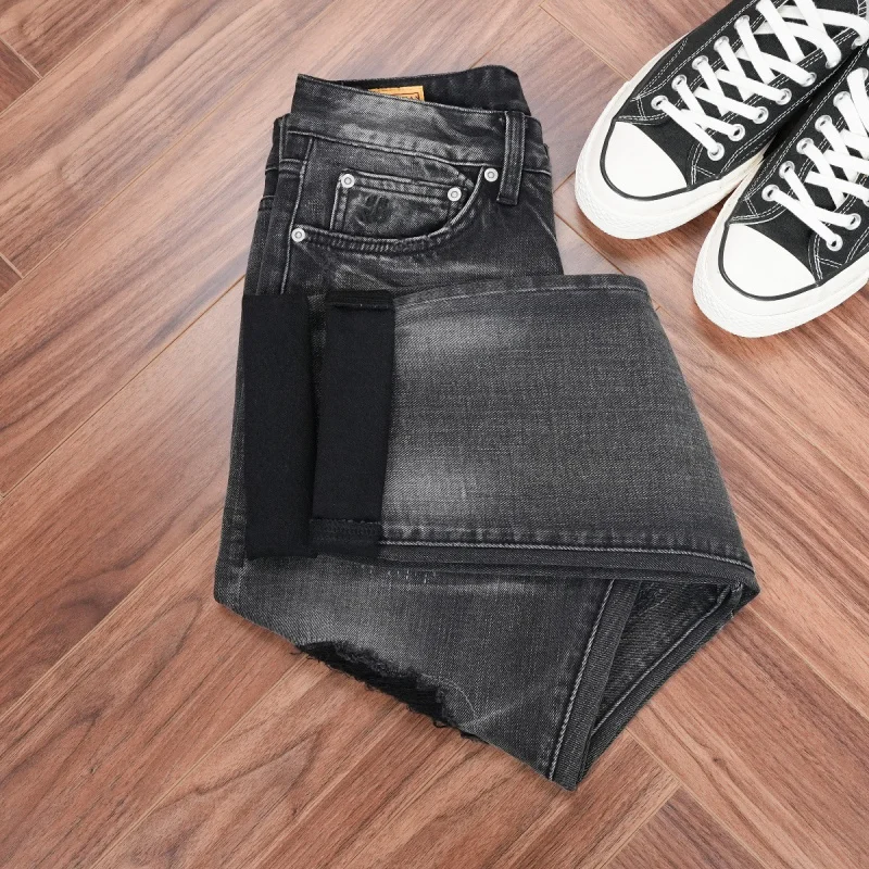New autumn washed black-grey jeans with distressed design, slim straight-leg men's pants, popular and comfortable men's clothing