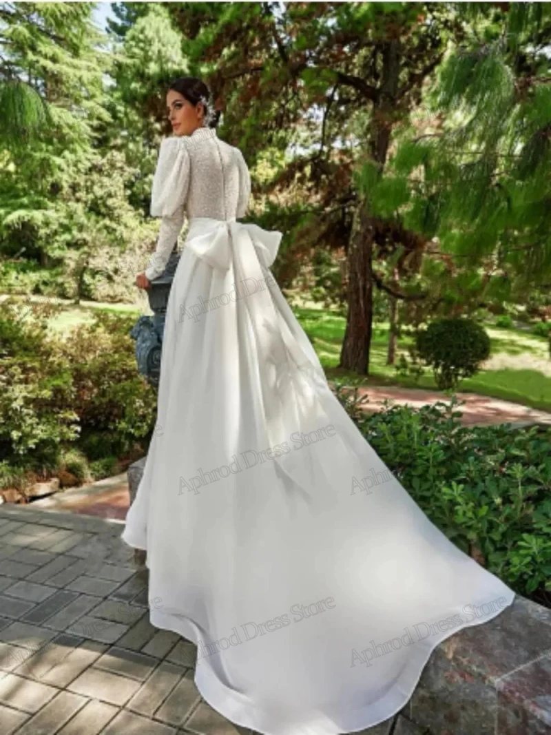 Modest Wedding Dresses For Women A-Line Satin Bridal Gowns Lace Appliques Long Puff Sleeves Elegant Robes 2024 Vestidos De Novia