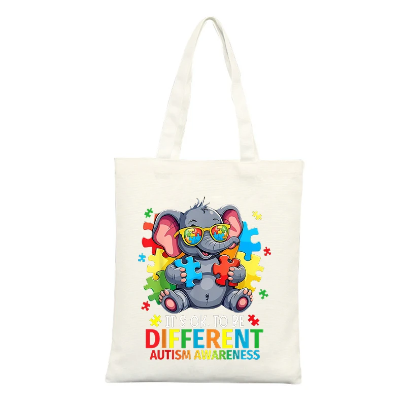 Canvas Tote Bag with Elephant and Puzzle Piece Graphic, Ideal for Autism Awareness Events and Daily Use