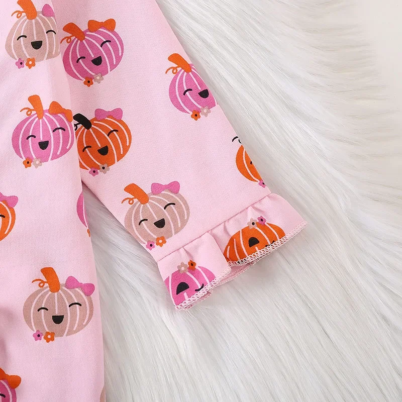 Baby Girls Halloween Romper Pumpkin Print Ruffles Zipper Long Sleeve Jumpsuits Headband Newborn Clothes 0-12M