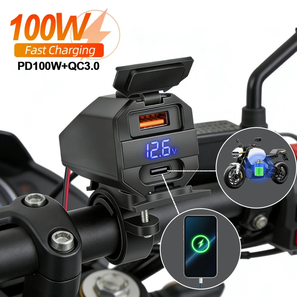 

100W Two-Way Charging Motorcycle Battery Charger & USB Phone Charger Super Fast Emergency PD & QC3.0 Voltmeter For iPhone