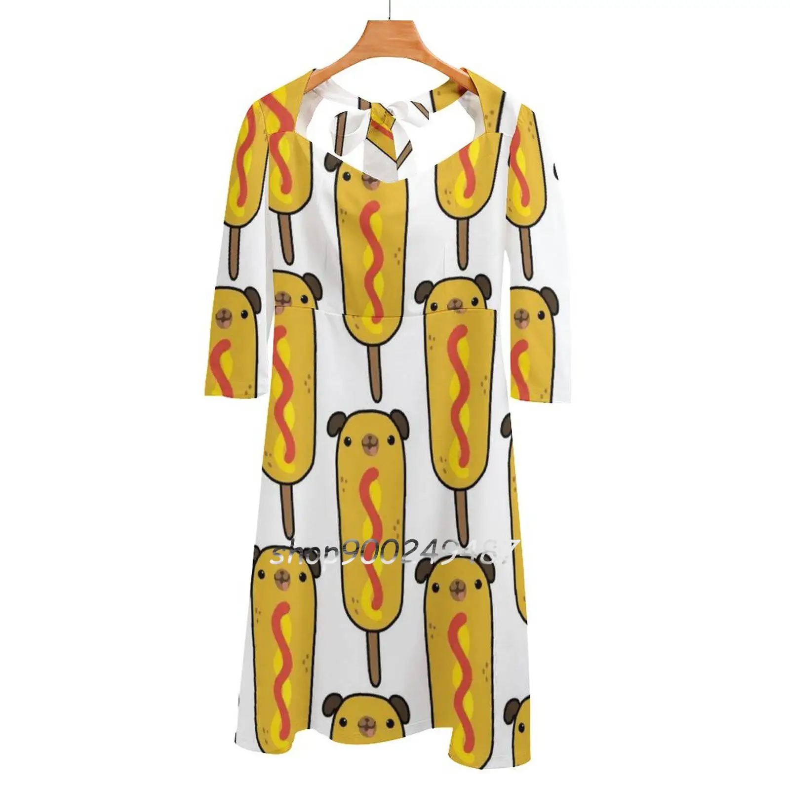 

Corn Dog Flare Dress Square Neck Dress Elegant Female Fashion Printed Dress Corn Corndog Dogs Pug Pugs State Fair County Food