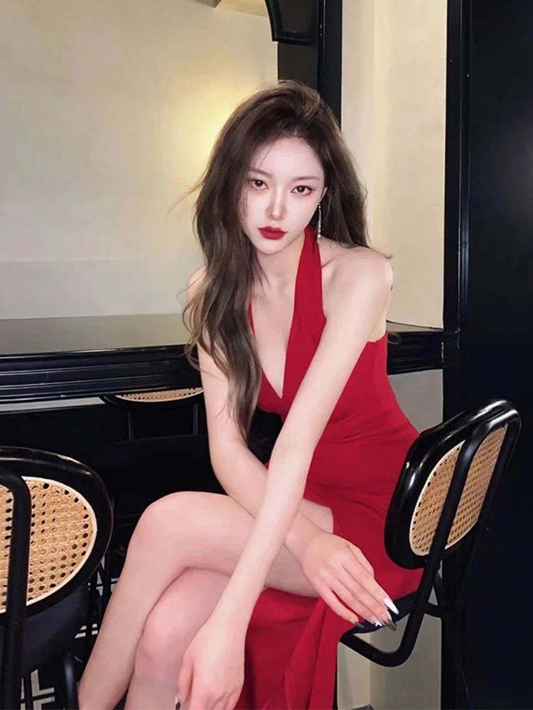 

Red Sexy Strapl Dr Wedding Engagement Par Women's Mid-Length V-Ne Gown Korean Sle High Waist No-Sve Dr