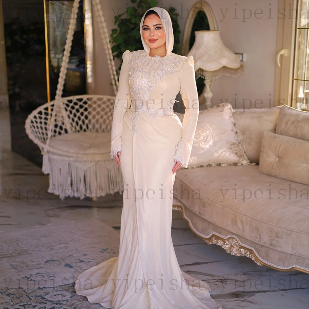 Customized O-Neck Evening Dresses Sequined Beading Lace Appliques mermaid Full Sleeve Prom Gown Sweep Train Modern Muslim Dress