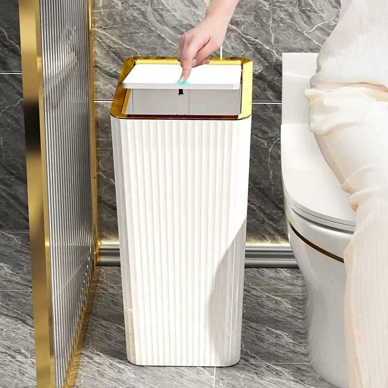 12L Trash Can Household Toilet Bedroom Living Room Kitchen Light Luxury Can with Cover Waterproof Press Type Toilet Paper Basket