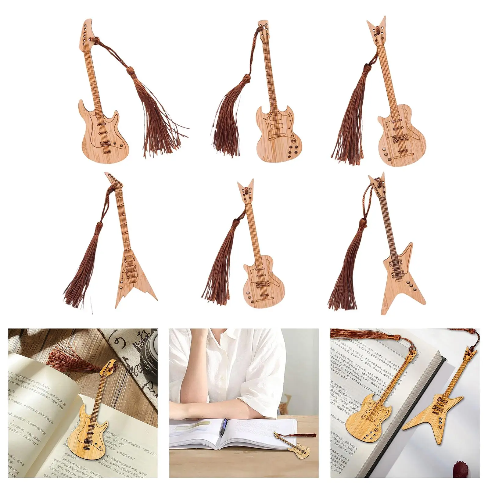 6 Pieces Guitar Bass Bookmarks with Tassels, Wood Bookmark Page Holder for Book Lovers Birthday Gift