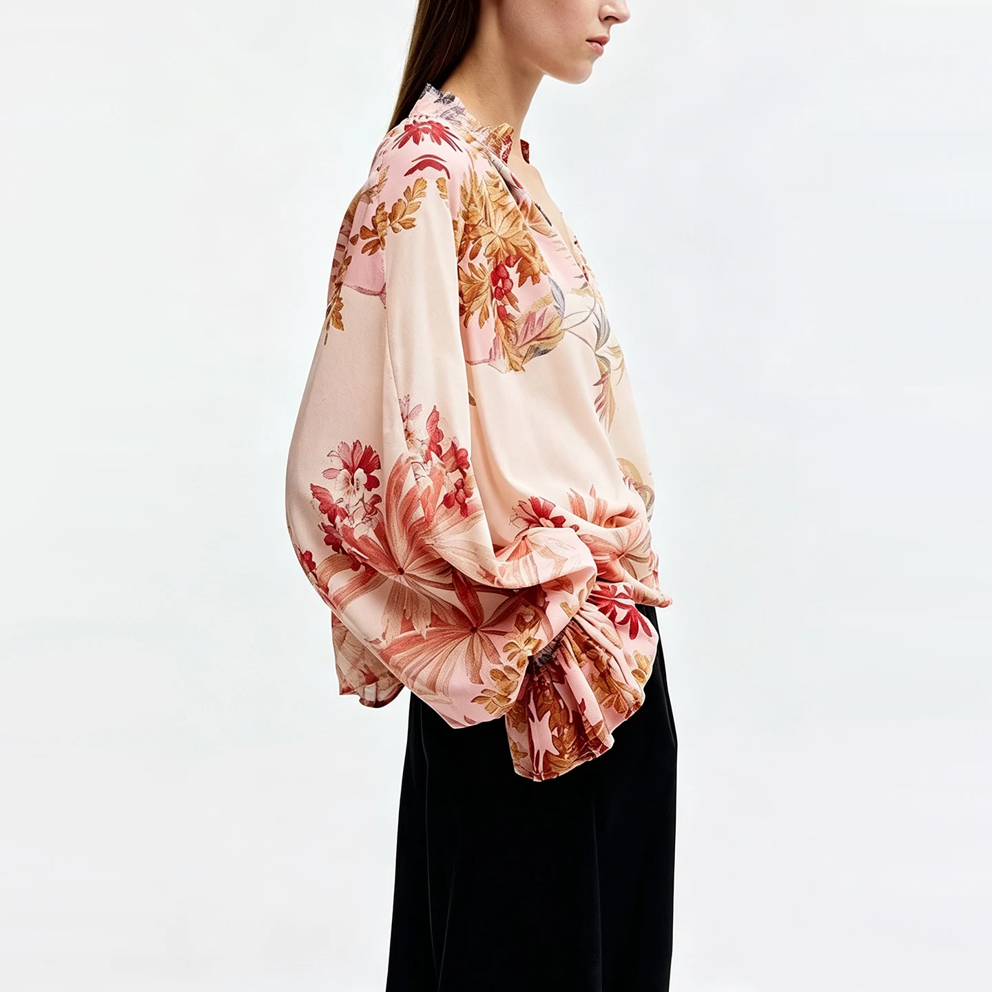 Fashionable Women's Long Sleeve Shirt Autumn 2026 Button Front Lantern Sleeve Casual Loose Fit Plant Floral Patterned Top