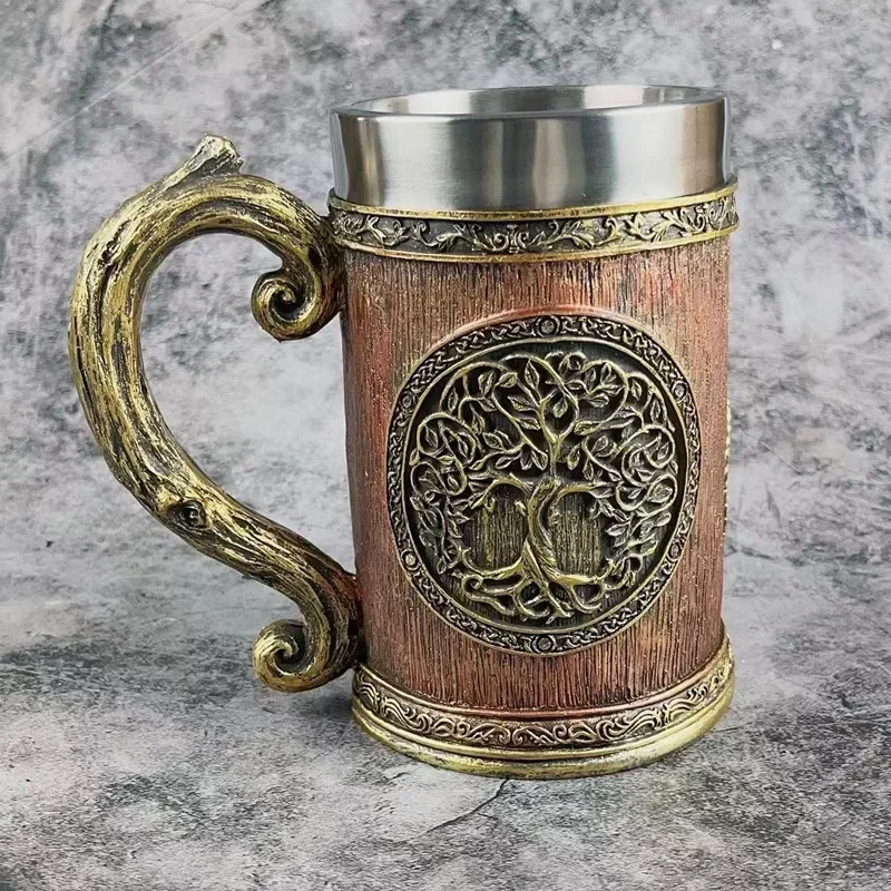 Retro Tree of Life Beer Mug Resin Stainless Steel Coffee Mug Medieval Viking Double Wall Beer Jug Water Cup Large Capacity Mug