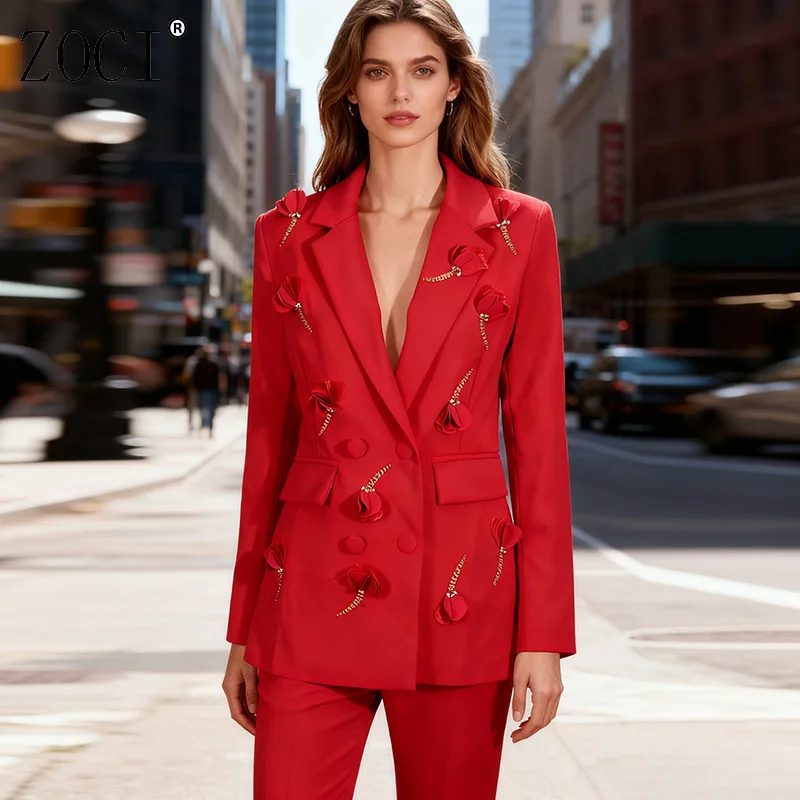 

ZOCI 3D Floral Patchwork Blazers For Women V-neck Suit Jackets Elegant Female Double-breasted Long Sleeve Coat 2025 Autumn New