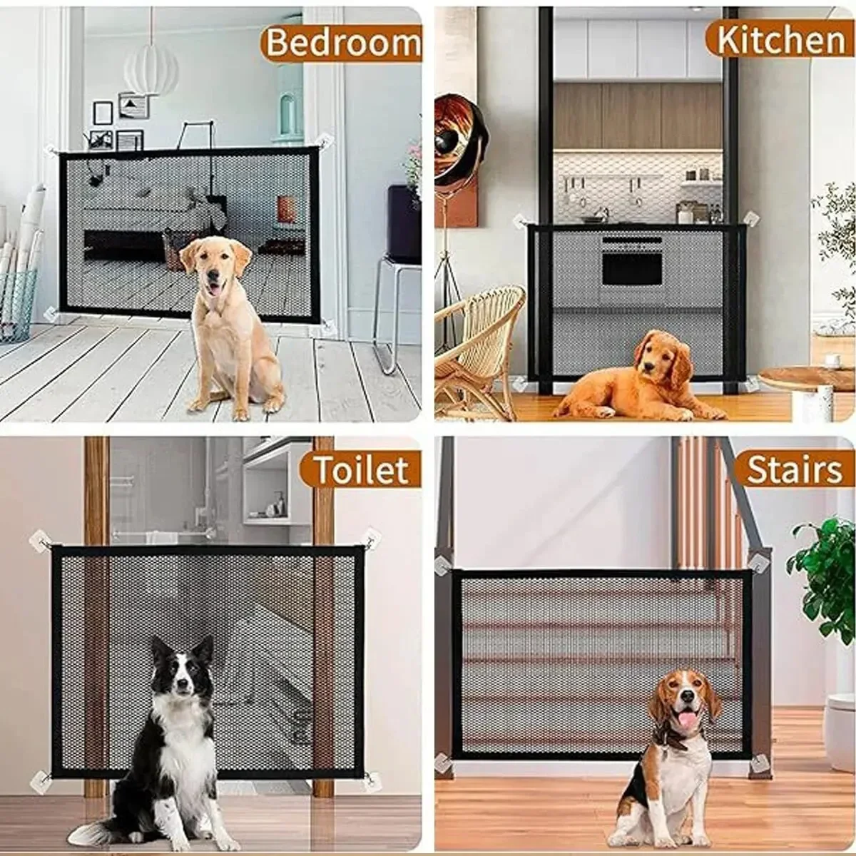 Pet Barrier Fence Baby Safety Gate Mesh with Telescopic Pole Hook Stairs Entrance Indoor Gate Fence Safety Protection Punch-free