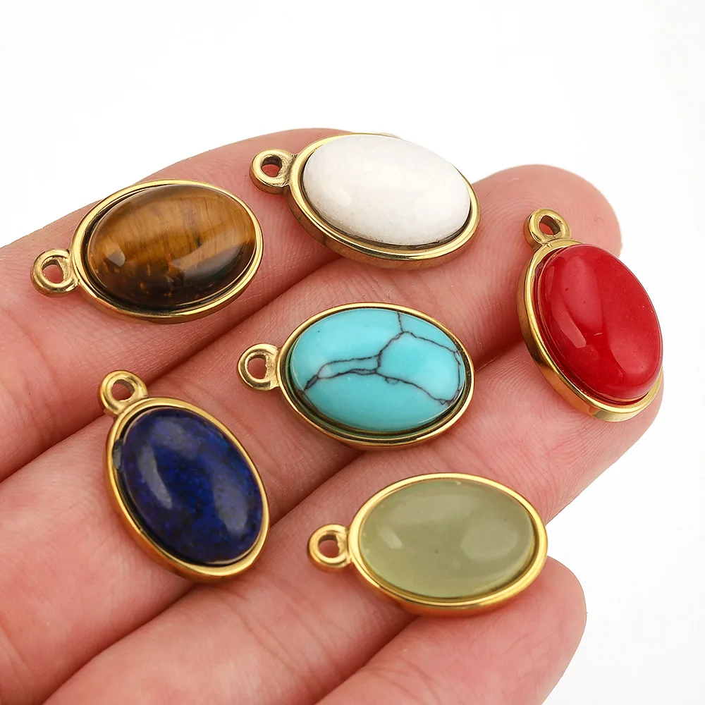 3pcs/lot Stainless Steel Ellipse Tiger's Eye Turquoise Charms for DIY Handmade Earrings Necklace Bracelet Jewelry Making Finding - view 6