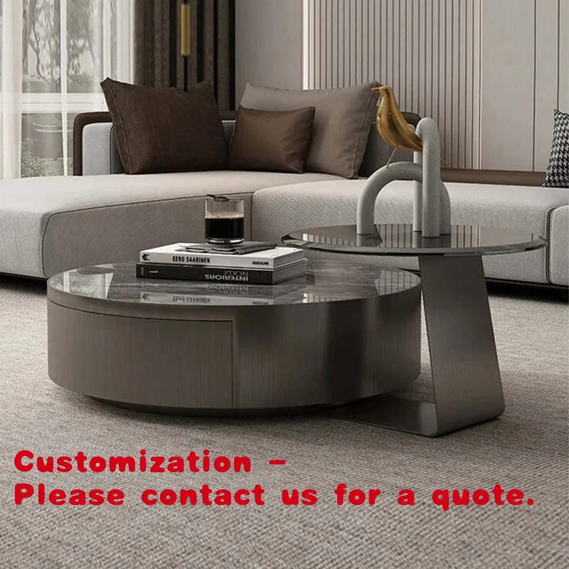 

custom.Italian Style Light Luxury Modern Minimalist High-end Stainless Steel Circular Rock Slab Coffee Table Home Furniture Dura