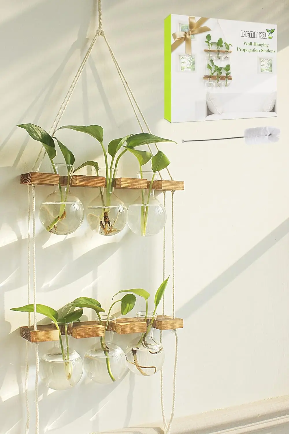 

Wall Hanging Plant Propagation Station with 6 Glass Vases, 2-Tier Wooden Stand for Hydroponics, Unique Gift for Plant Lovers