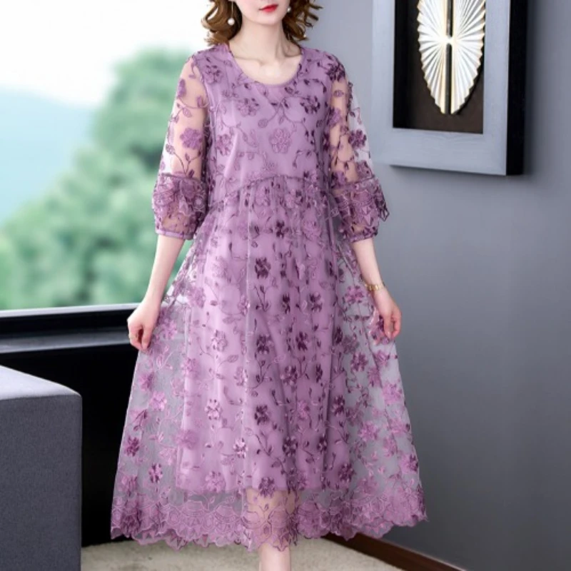 

Summer Women 3/4 Lantern Sleeve Embroidery Purple Long Dress , Woman Casual 4xl 5xl High Waisted Dresses