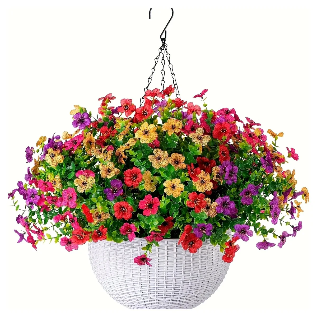 Artificial Hanging Basket with Flowers 34cm Faux Petunia Pansy Violet Mixed Blooms in White Basket for Balcony Porch Patio
