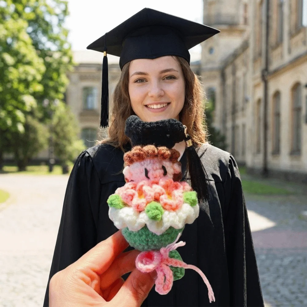 Funny Knitted Graduation 13cm Kawaii Handheld Flower Finished Craft Cute Handmade Knitted Figures Students Gift