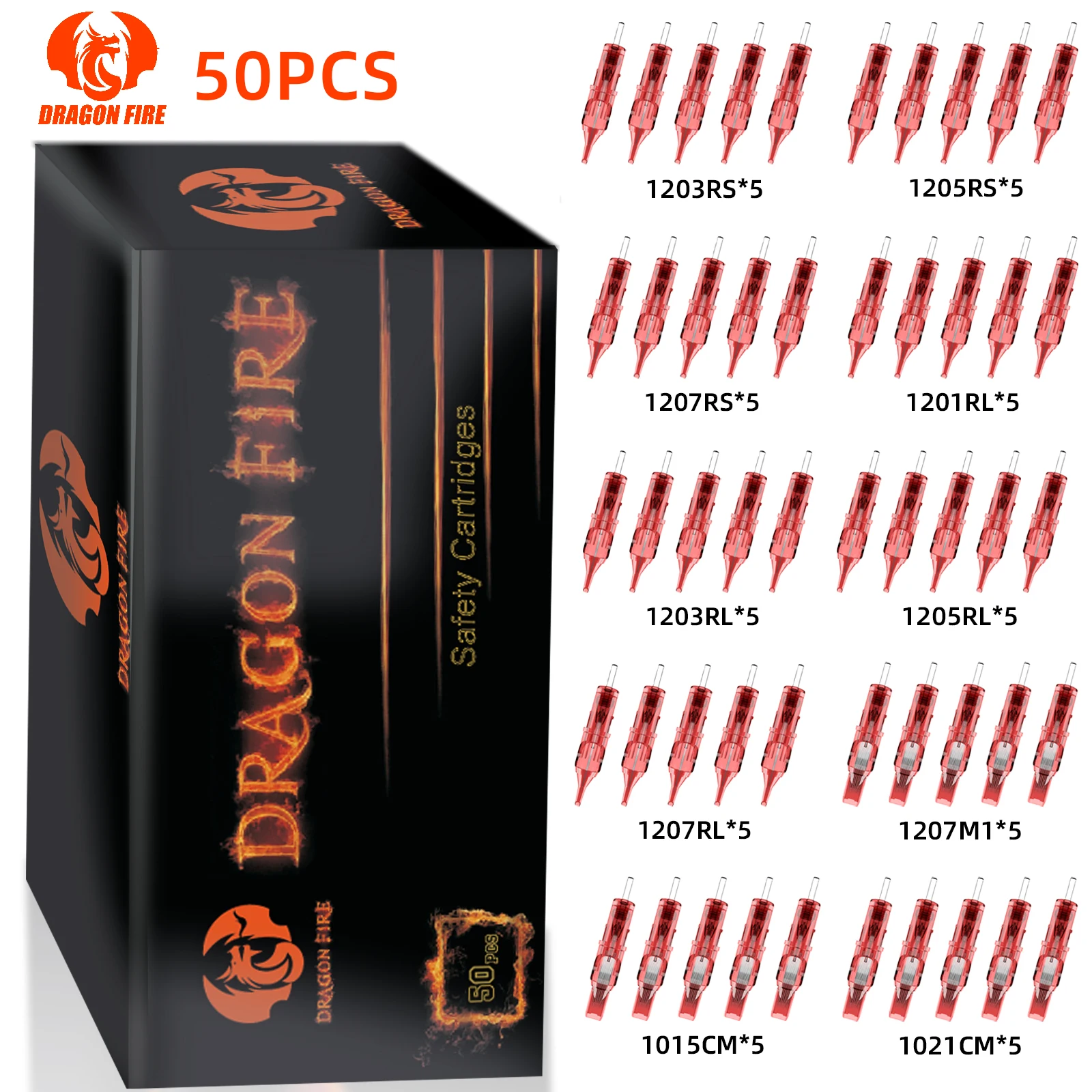 DRAGON FIRE Professional 50PCS Tattoo Needles With Membrane Safety Cartridge Disposable Sterile Mixed Tattoo Needle For Body Art