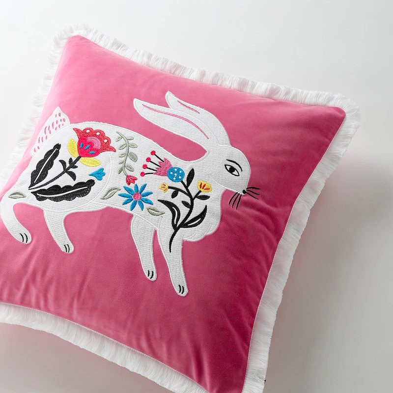 Pink Velvet Pillows White Flora Rabbit Embroidery Cushion Case Chic Decorative Pillow Cover For Sofa Chair 45x45 50x50 Home Deco