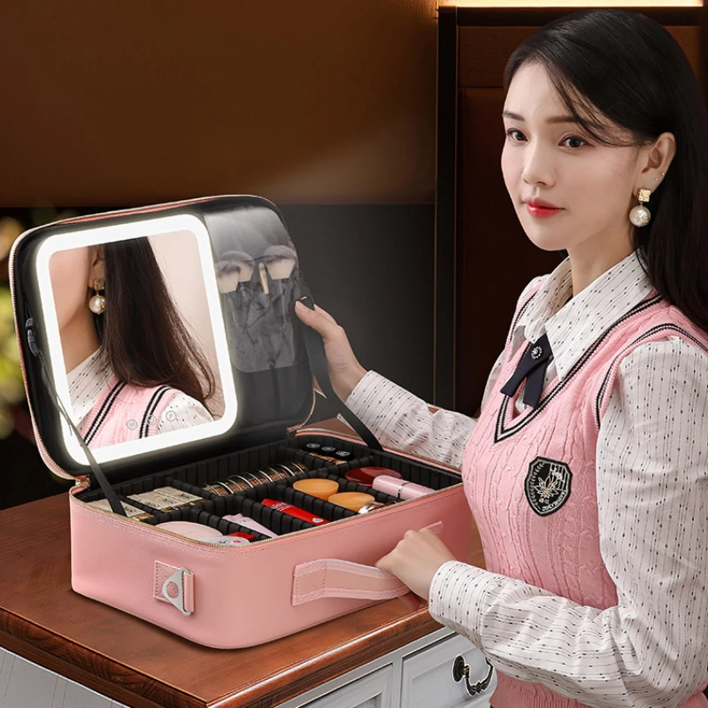 LED illuminated mirror makeup bag with large capacity battery and desktop