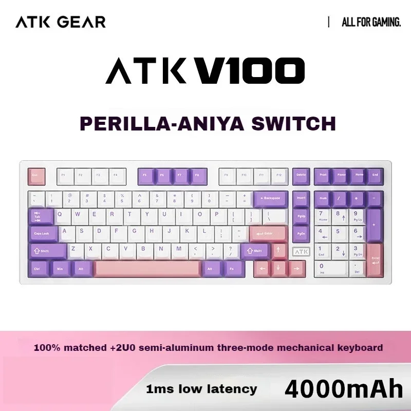 ATK V100 Mechanical Keyboard Tri-mode Gasket Structure Semi-Aluminum Alloy Hot Swap Customized Gaming Keyboard Pc Accessories