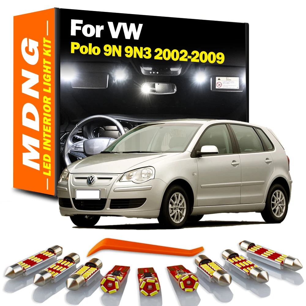MDNG 10Pcs Zestaw oświetlenia dachowego LED do VW Volkswagen Polo 9N 9N3 2002-2005 2006 2007 2008 2009 Żarówki samochodowe Akcesoria