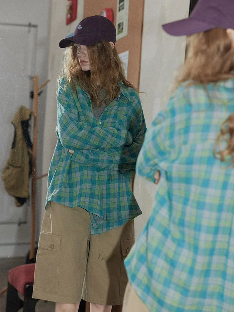 

American Retro Blue Green Plaid Long Sleeve Women's Shirt Loose Fit mid Length Sun Protection Cover up Casual Style Top