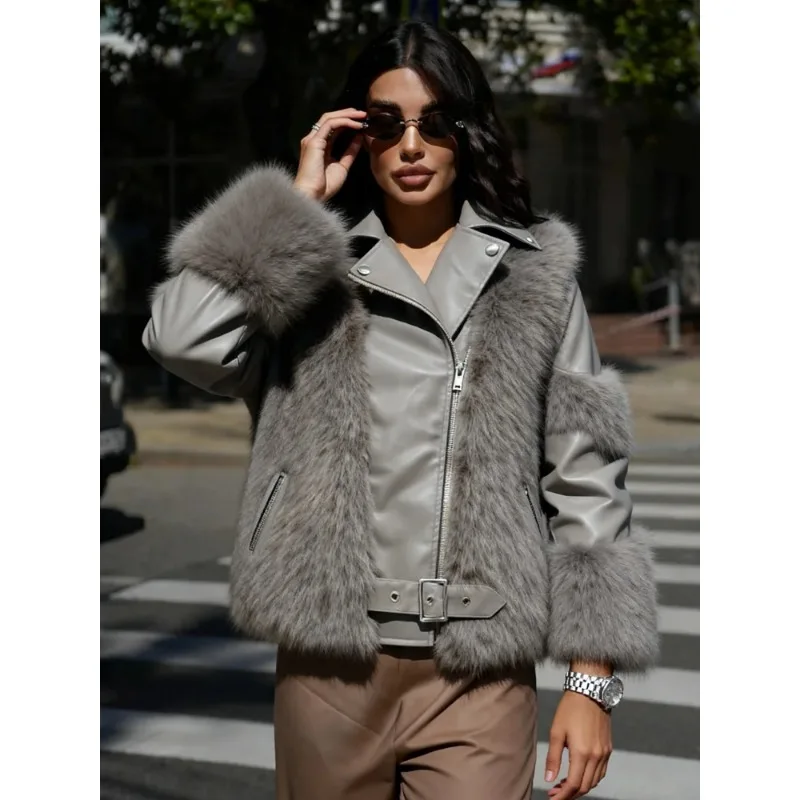 

Женская модная укороченная куртка из искусственного меха и хлопка с кожаными вставками, с длинными рукавами, отложным воротником и молнией, для повседневной носки зимой, уличная верхняя одежда