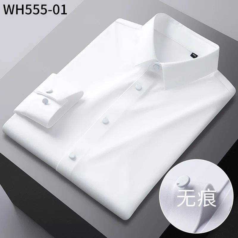 High Elasticity Solid color Classic stripes White Shirts Men Long Sleeve Casual Slim Fit Anti-wrinkle Men Shirts Men Long Sleeve