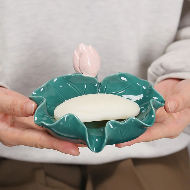 

Ceramic Lotus Soap Box Household Bathroom Drain Soap Box Creative Lotus Leaf Soap Dish Soap Bracket