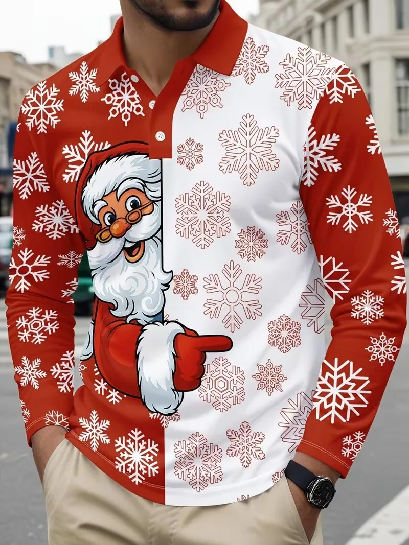 2026 Christmas New Men's Long Sleeve POIO, Collar with Button Fashion Christmas Pattern Printed POIO Shirt