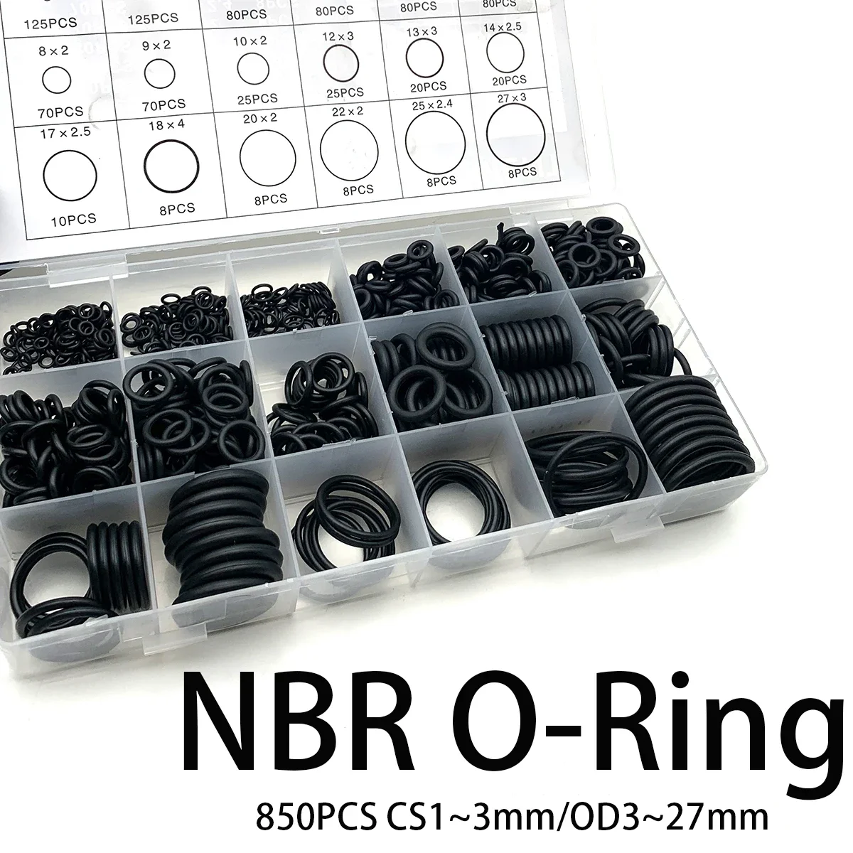 Black Nitrile Rubber O-ring Product Combination 850 Piece Set CS1-3mm, OD3-27mm, Oil Resistant, Wear-resistant and Anti-aging.