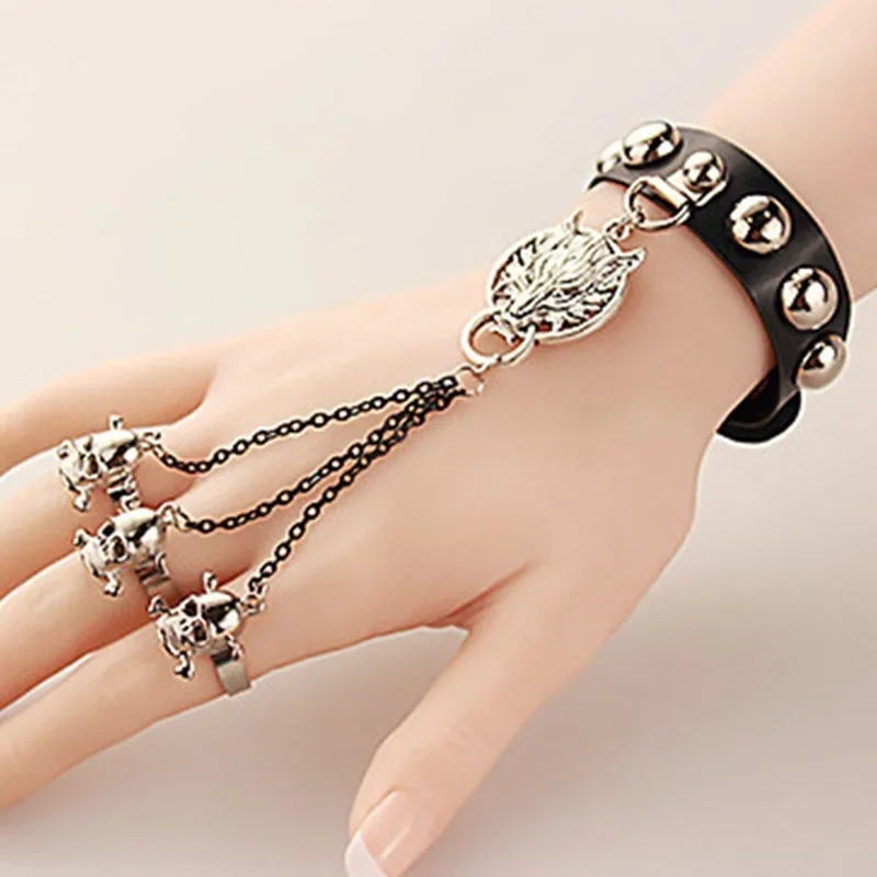 Chic Fashion Jewelry Gothic Skull Wolf Hand Chains Leather Bracelet Fingers Ring Bracelet for Women