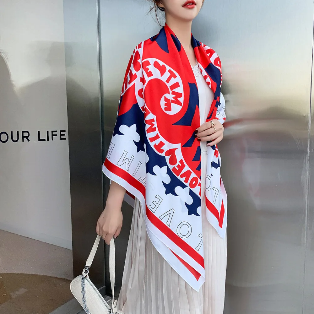 

130cm Luxury Brand Headband Letter Print Scarf Silk Scarf For WomenLarge SquareScarves Hijab Beach Towel