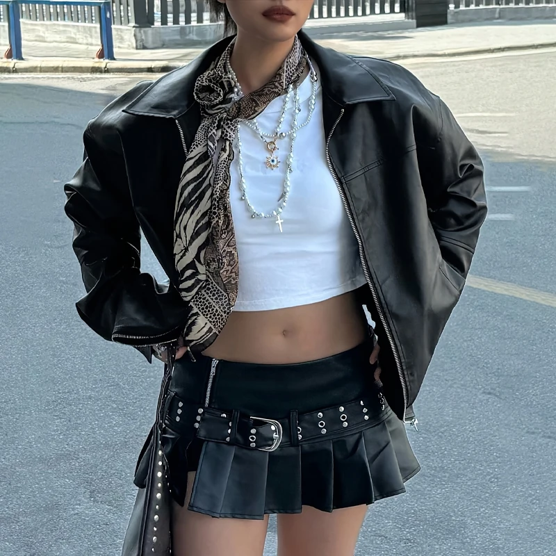 Podzimní a zimní dámské bundy z umělé kůže, model 2025, bomber, dlouhý rukáv, klopa, zip, motocyklové kabáty, dámské oblečení - náhled 6