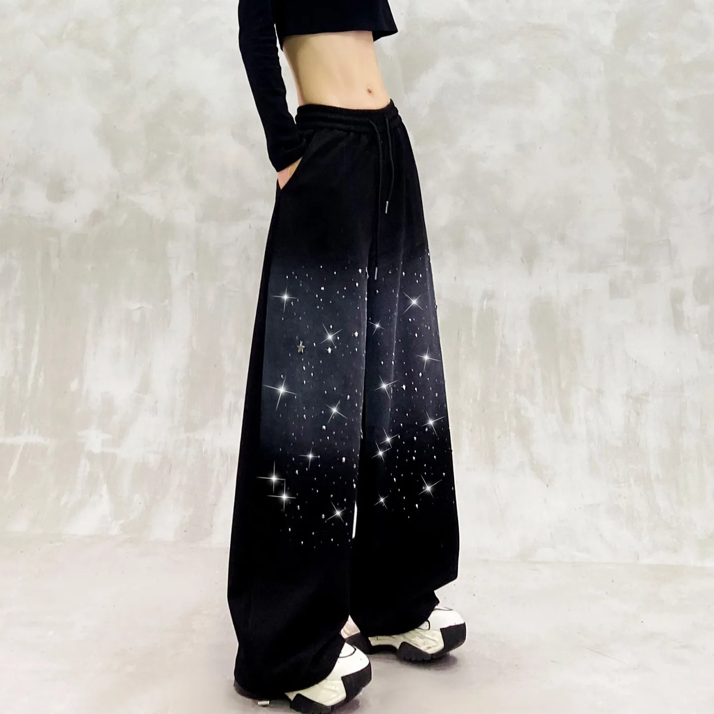 Womens Black Color Block Sweatpants Detail High Waist Wide Straight Leg Pants for Relaxed Spring Casual Outfits