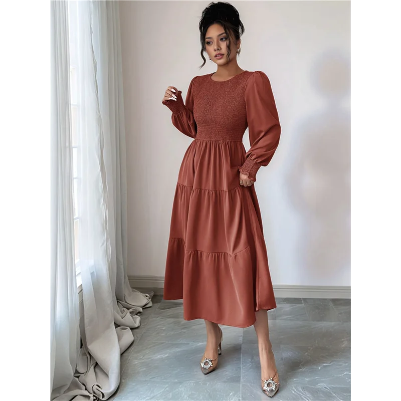 ABP-Fall Wedding Guest Dresses For Women Puff Long Sleeve Smocked Casual Crew Neck Tiered A Line Flowy Long Dress