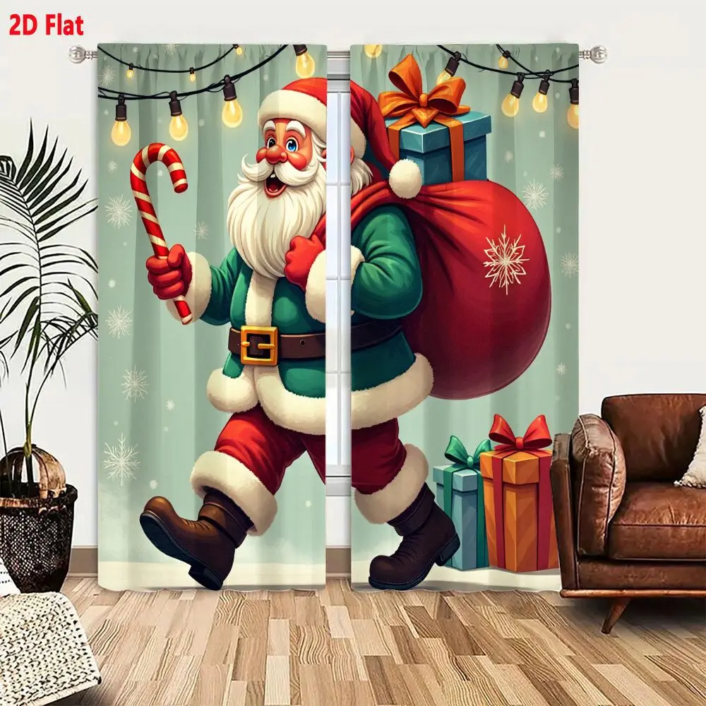 2Pcs Curtains 2D Flat Cheerful Illustration Of Santa Claus In Traditional Red White Fur Trimmed Outfit Holding Candy Cane With R