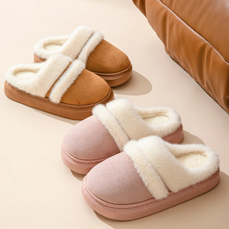 New Fur Slippers For Women Winter Fluffy Fashion Warm Thick Sole Plush Cozy Slides For Home Indoor Platform Cotton Shoes