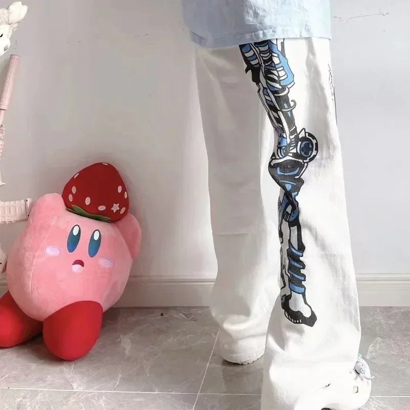 Y2K Anime Print White Pants Women Harajuku Manga Subculture Wide Leg Trousers Korean Japanese Style Kawaii Cartoon Sweatpants