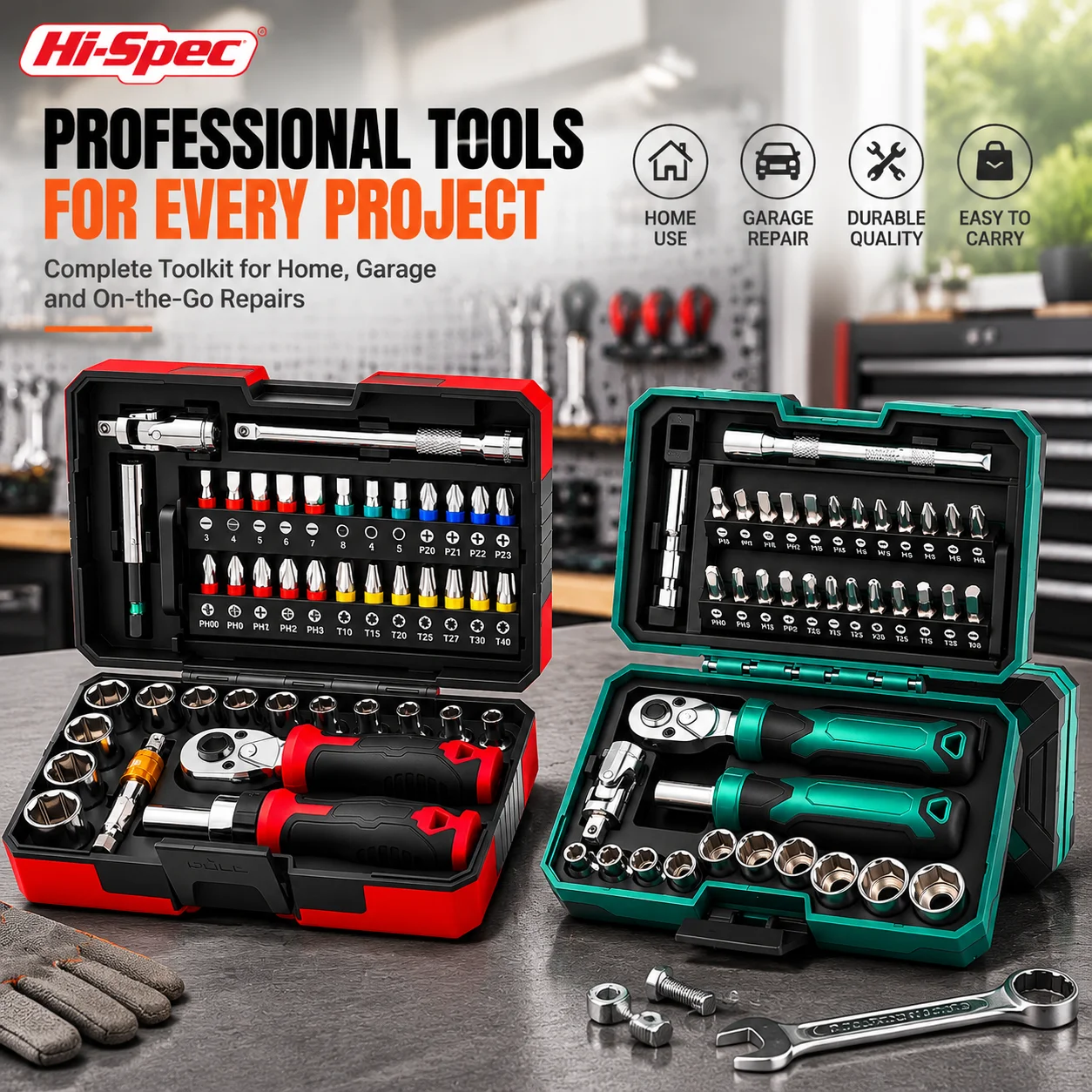 Hi-Spec 45PCS 1/4 Inch Drive Ratchet Screwdriver Socket Bit Set CR-V Magnetic Bit Driver 72 Tooth Home Repair Tool Kit Box