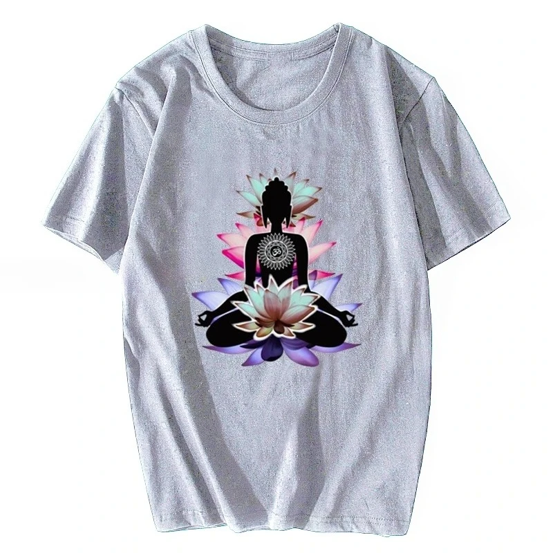 Womens Wit T-shirt Zen Boeddha Lotusbloem Spirituele Meditatie Yoga TShirt Tees Tops Streetwear Harajuku