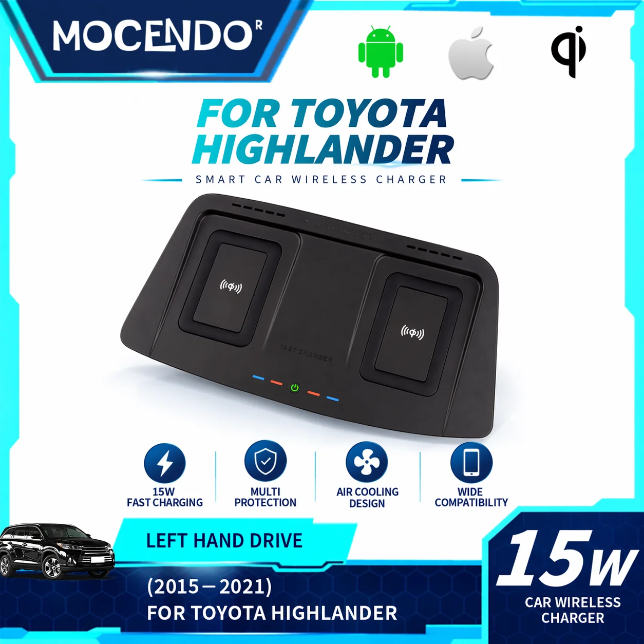 Suporte de Carregamento Sem Fio para Carro para Toyota Highlander Crown Kluger 2015-2021, Base de Carregamento Rápido, Acessório para Telefone