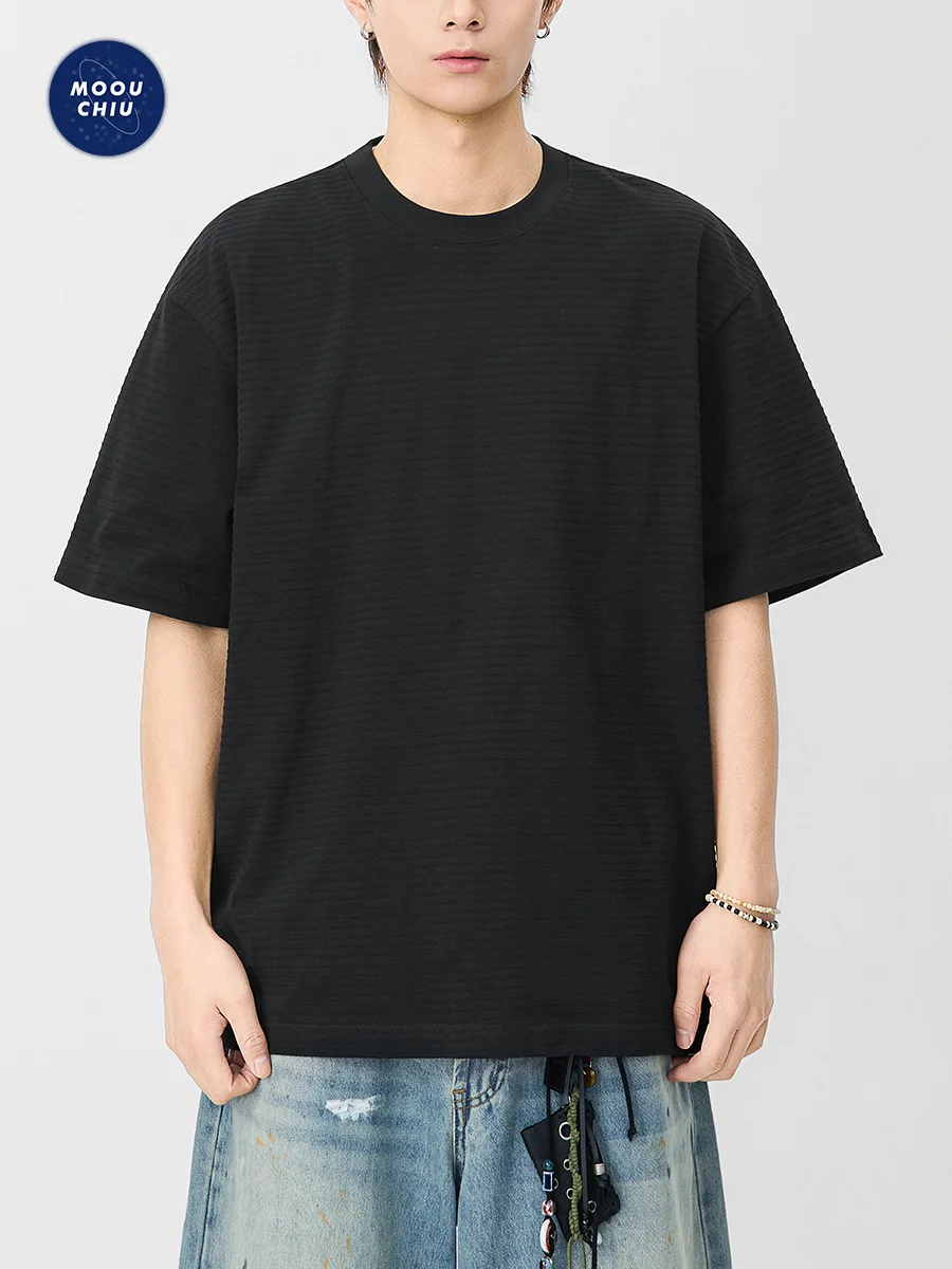 American retro striped old-money style short-sleeved T-shirt for men, loose casual round neck top, base layer