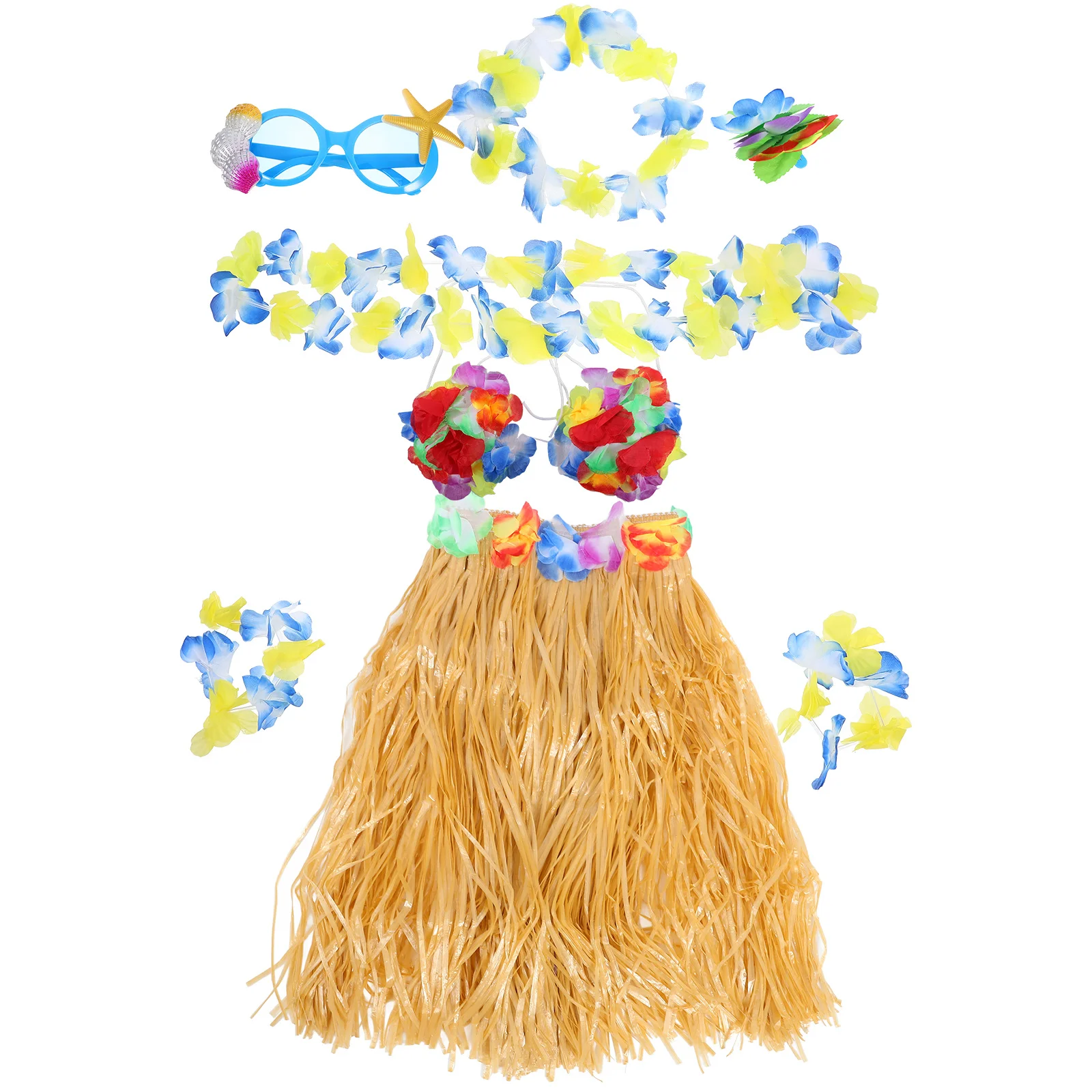 

1 set Party Hawaiian Luau Decor 60CM Straw Grass Skirt Clip Glasses Flower Lei Women Beach Wedding Costume Parties